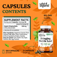 Wild and Organic stinging nettle label shows 1000 mg per serving.