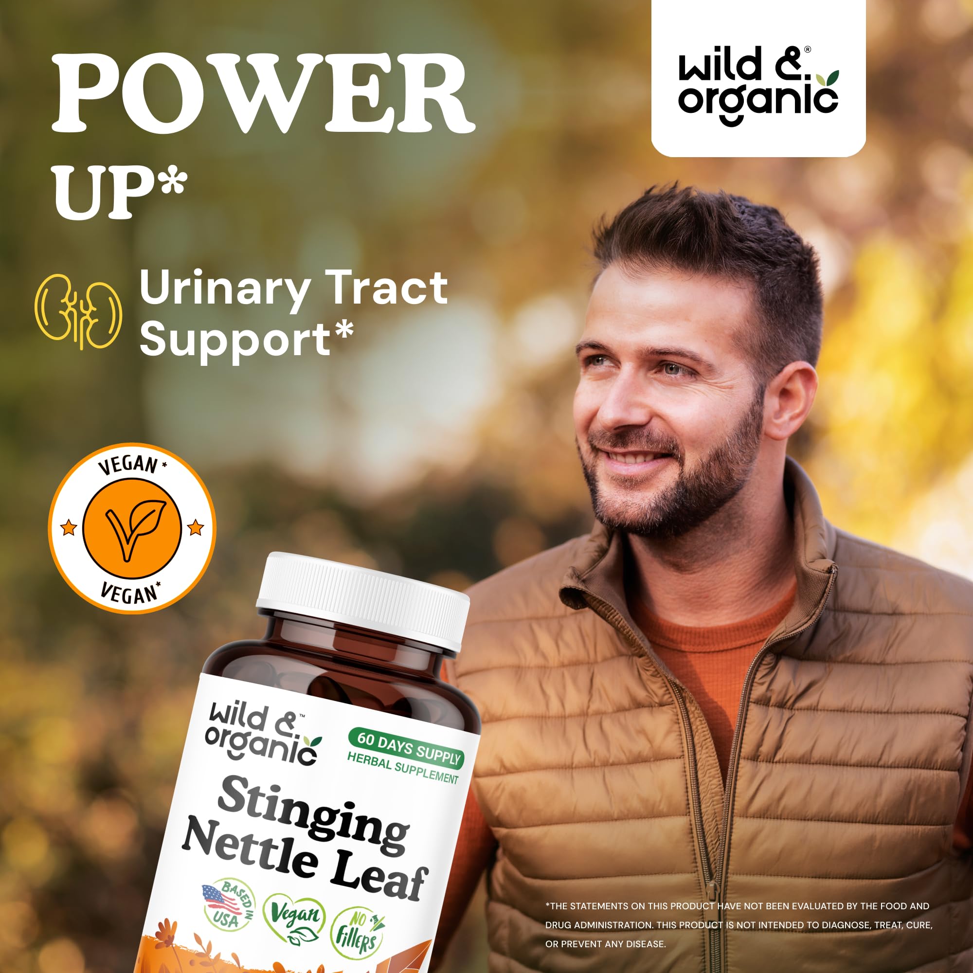 Wild and Organic nettle capsules being poured for daily urinary wellness.