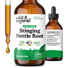 Wild and Organic stinging nettle tincture bottle with dropper for easy dosing.