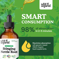 Wild and Organic stinging nettle tincture drops being poured for easy administration.