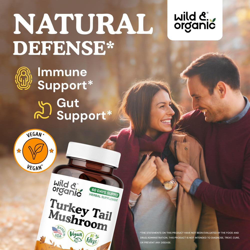 Wild and Organic turkey tail capsules close-up showing smooth vegan coating for easy ingestion.