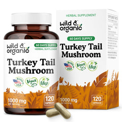 Wild and Organic turkey tail mushroom capsules bottle for daily immune support.