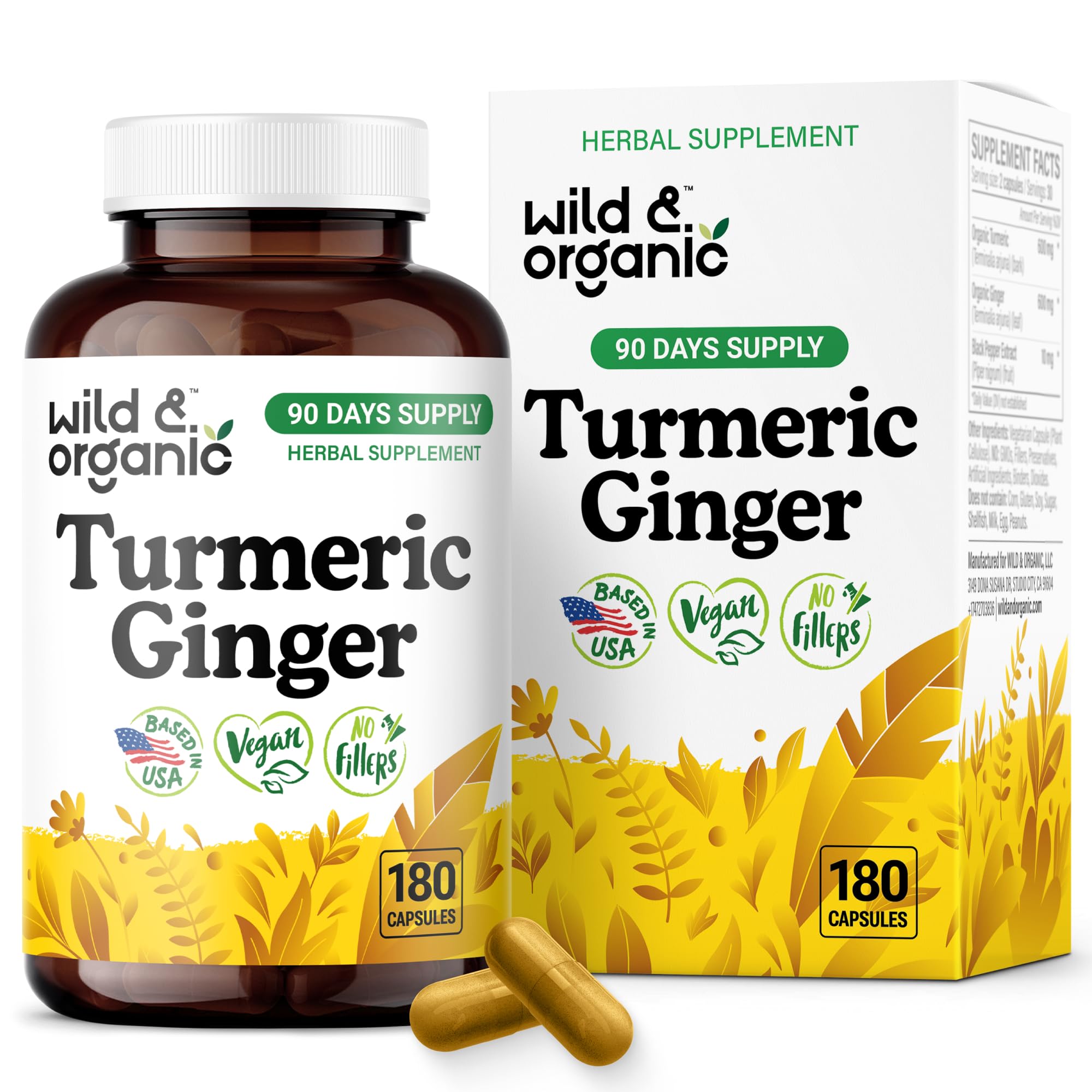Wild & Organic turmeric-ginger bottle closeup for daily mobility support.