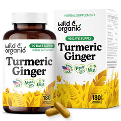 Wild & Organic turmeric-ginger bottle closeup for daily mobility support.
