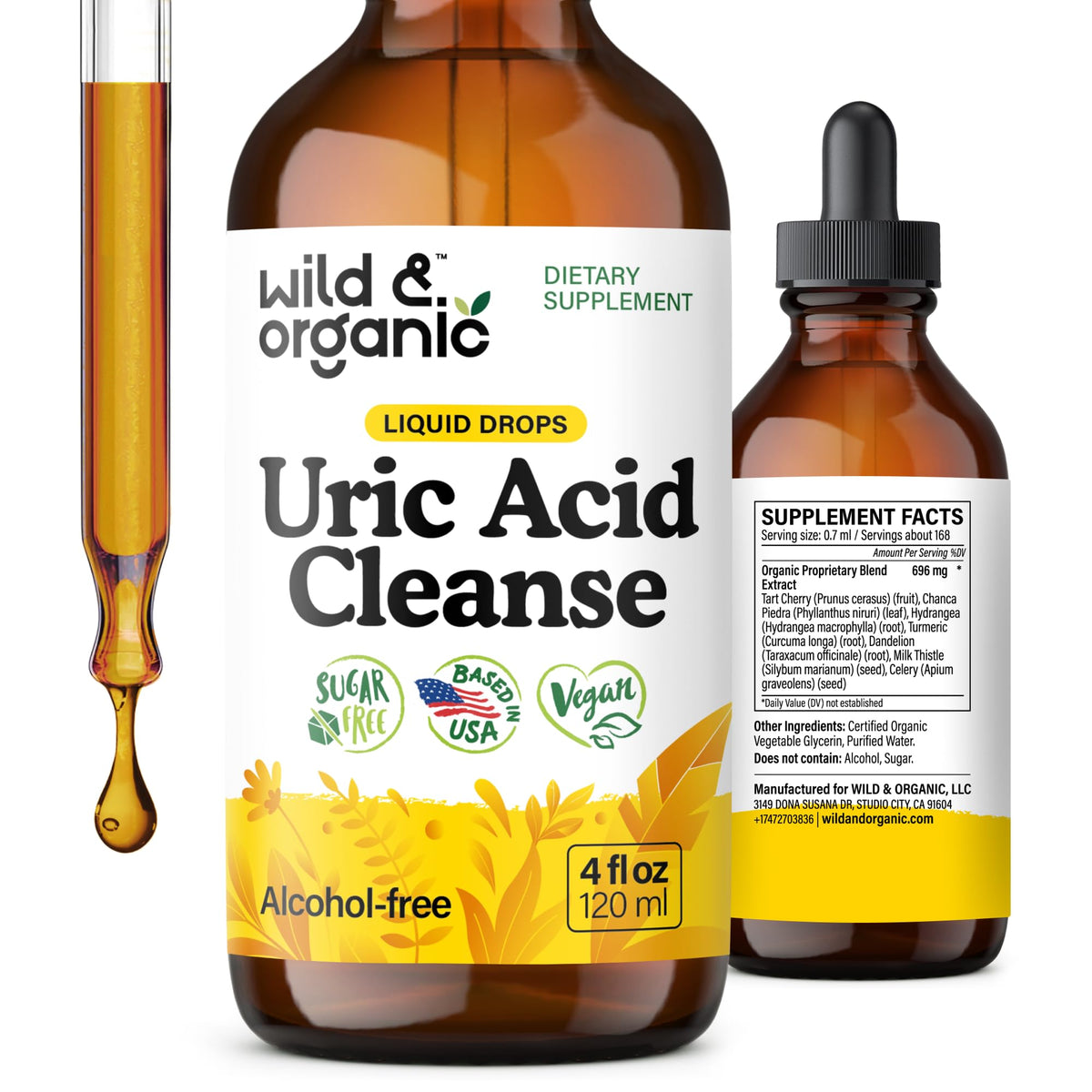 Wild & Organic Uric Acid Cleanse bottle front highlights vegan formula for daily wellness