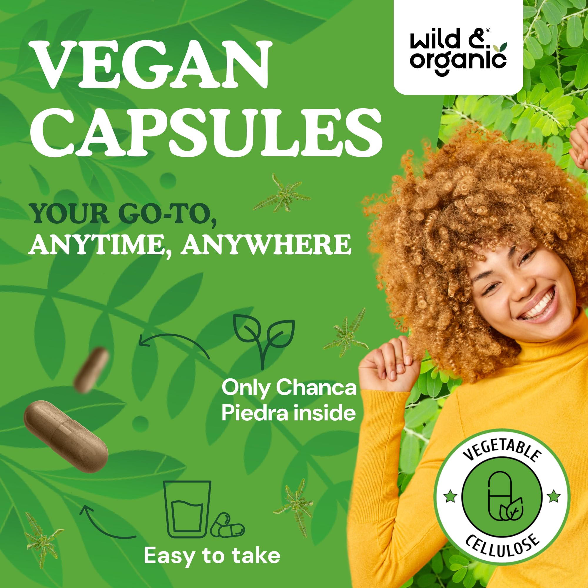 Wild & Organic capsules show vegetable cellulose coating for plant-based use.