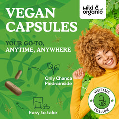 Wild & Organic capsules show vegetable cellulose coating for plant-based use.