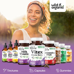 Wild & Organic Vitex capsules closeup showing easy-to-swallow design