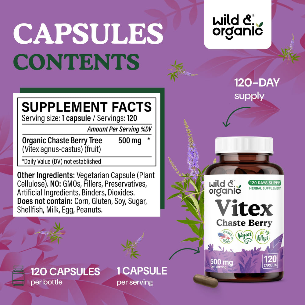 Wild & Organic Vitex chasteberry packaging closeup highlighting plant-based formula