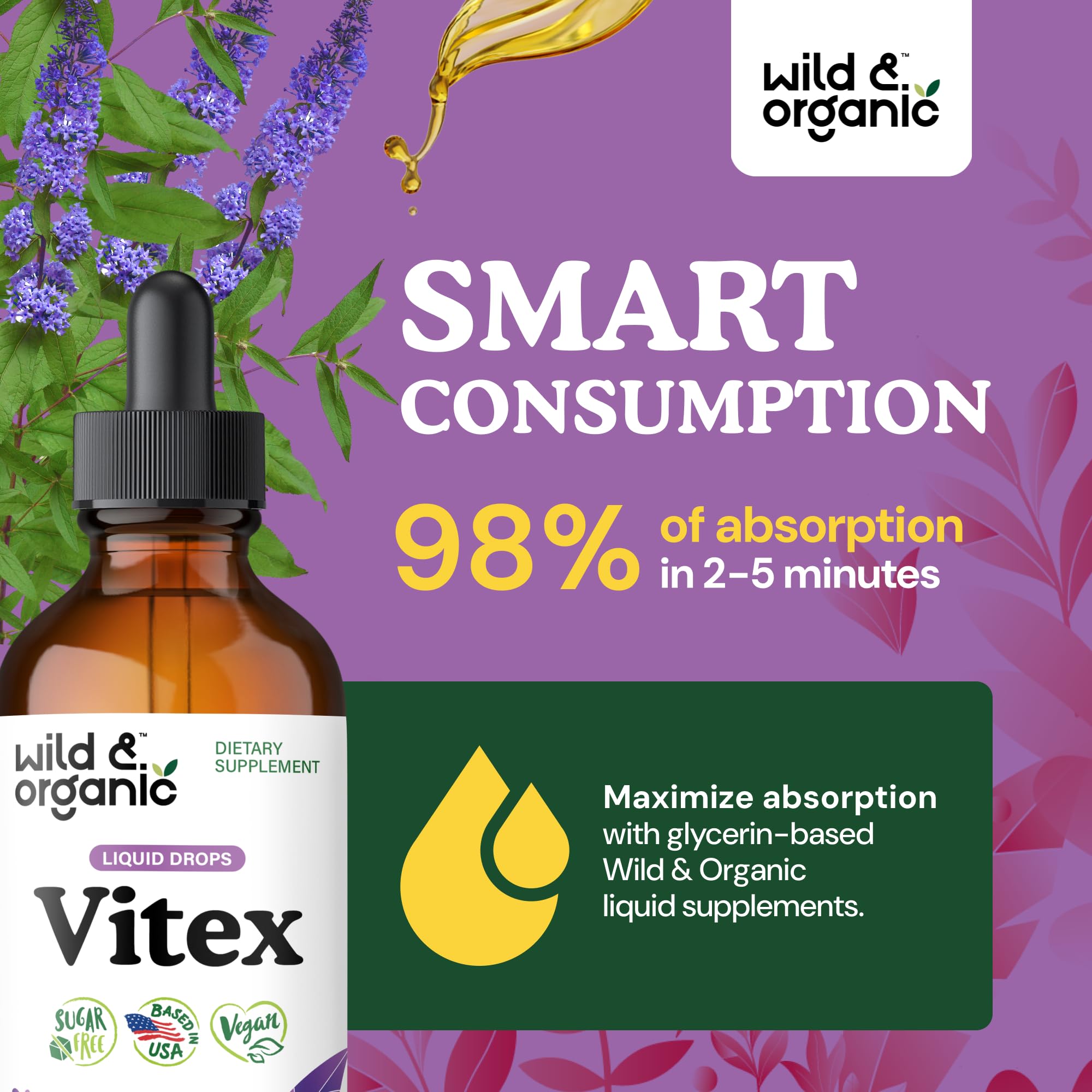 Wild & Organic Vitex tincture amber bottle glows softly.