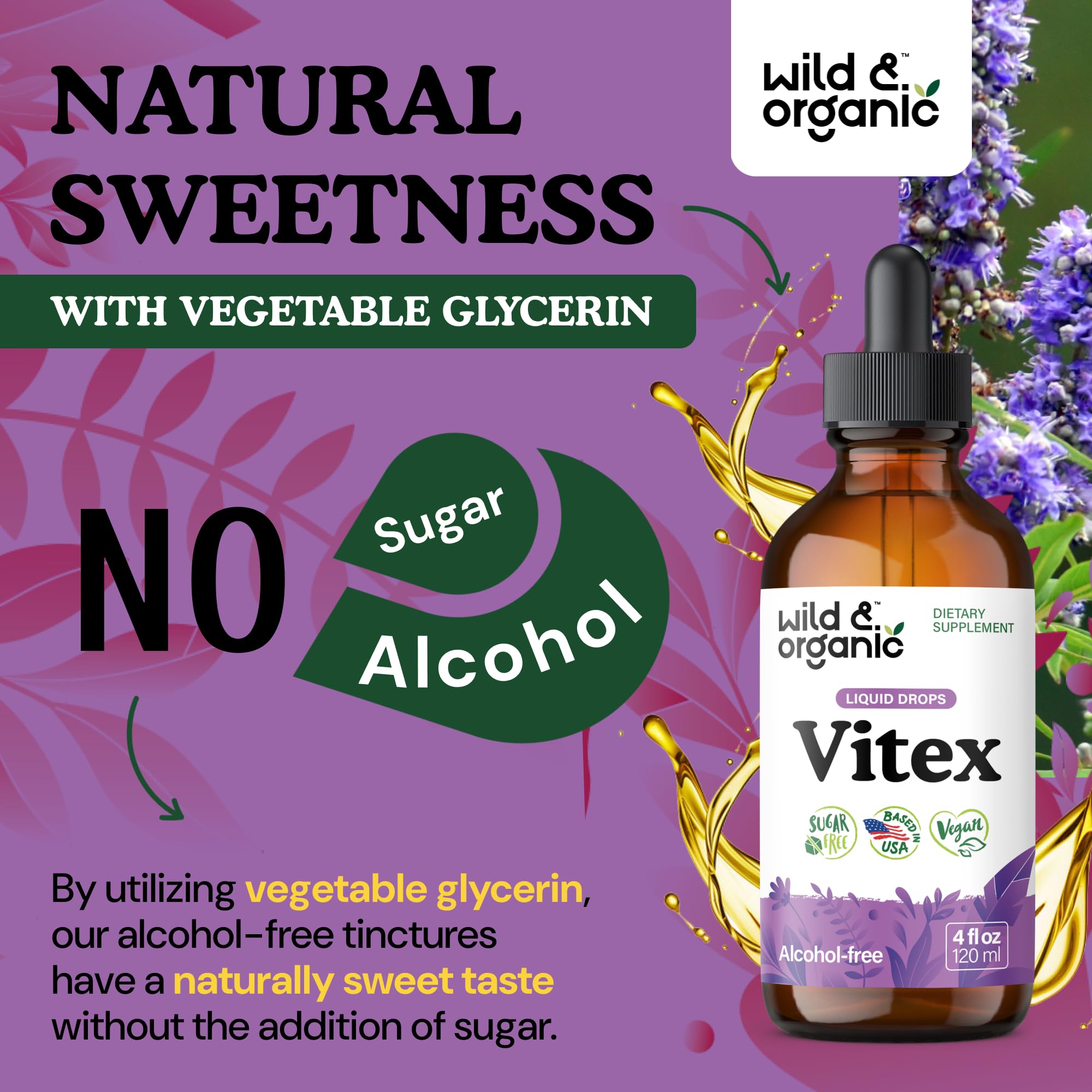 Wild & Organic Vitex tincture bottle on kitchen counter.