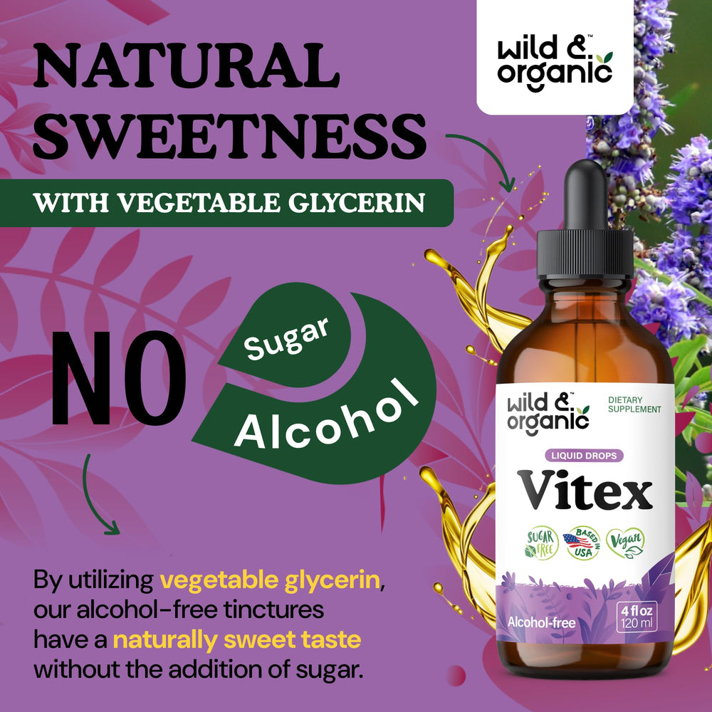 Wild & Organic Vitex tincture bottle on kitchen counter.