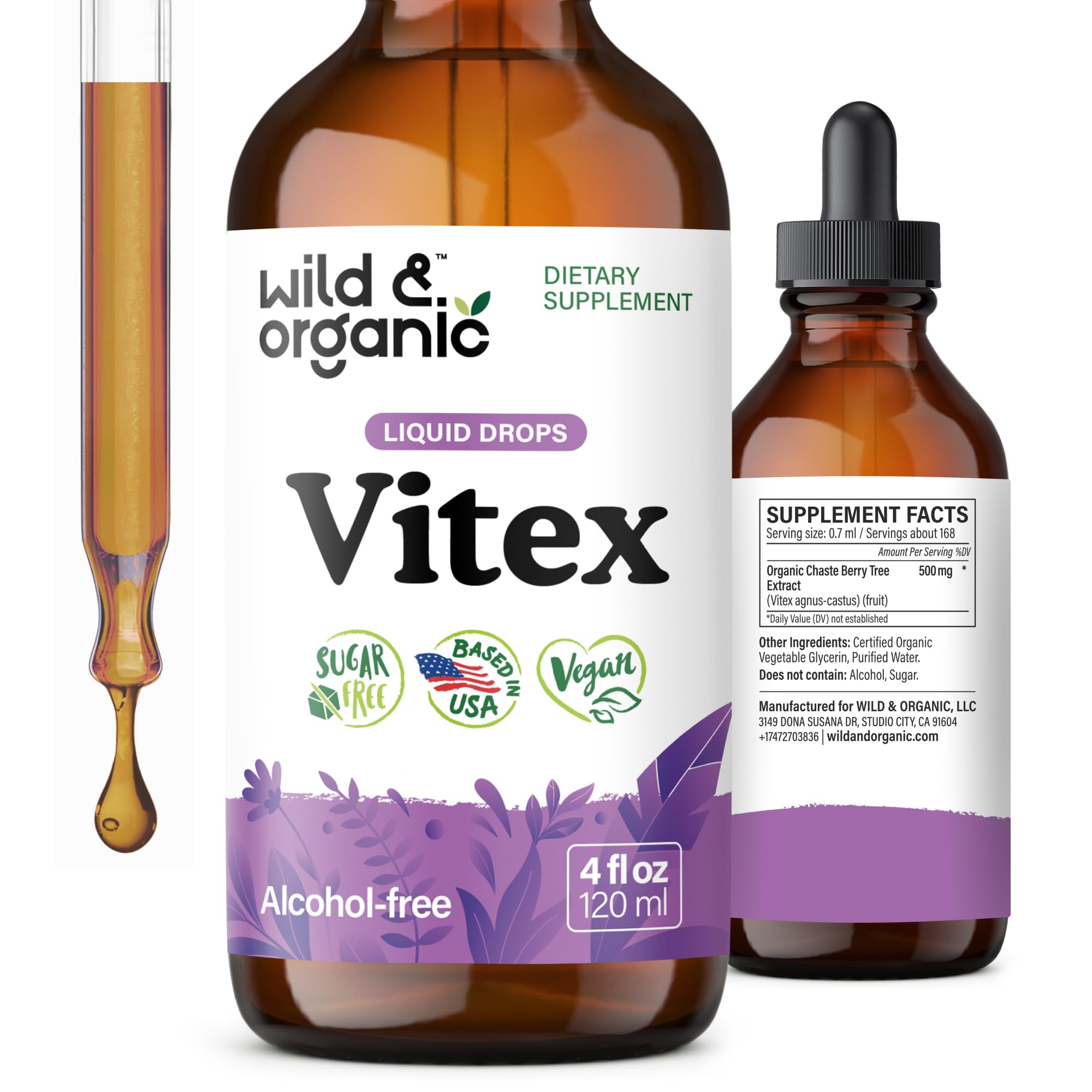 Wild & Organic Vitex Tincture bottle for mood support on wood surface.