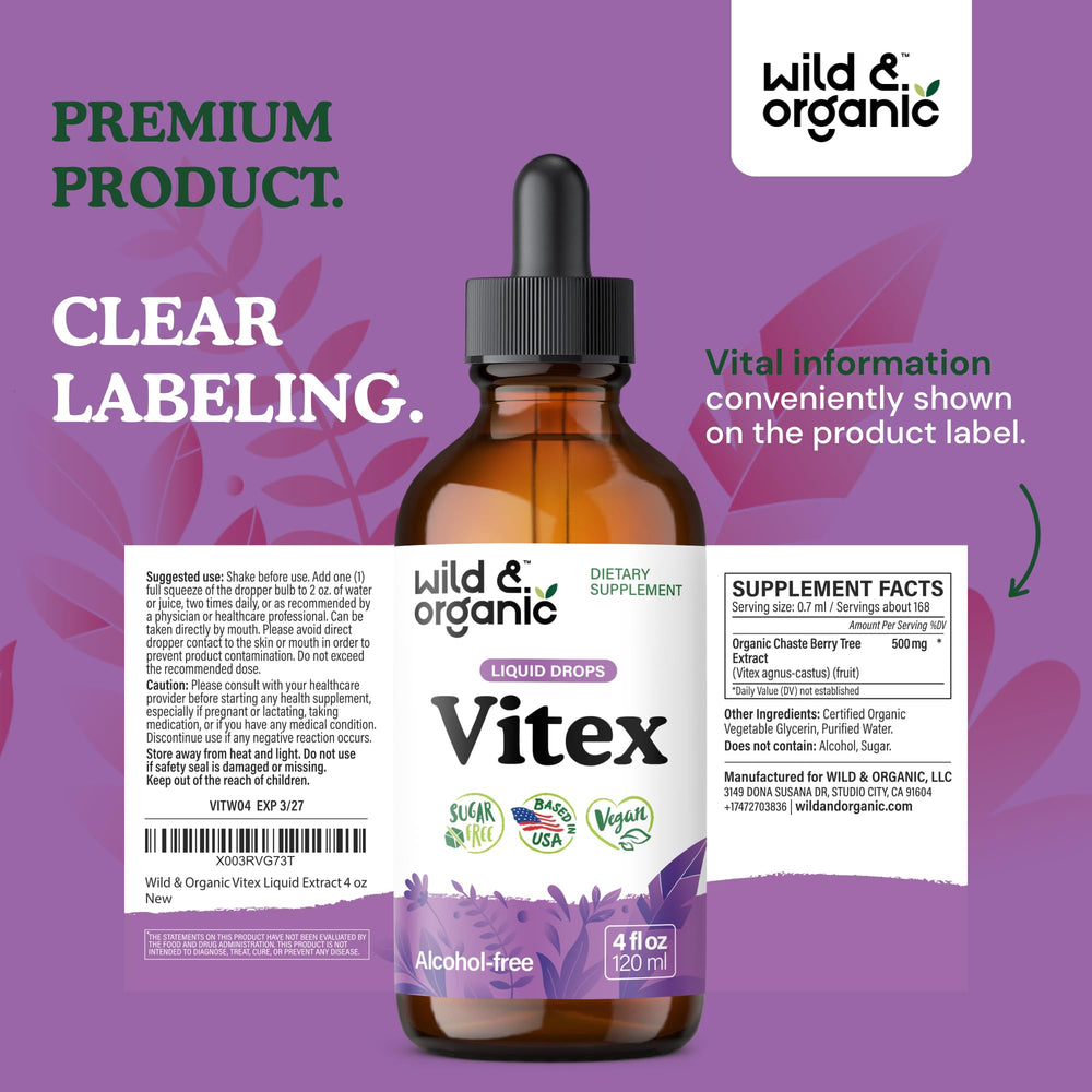 Wild & Organic Vitex tincture drops in soft lighting.