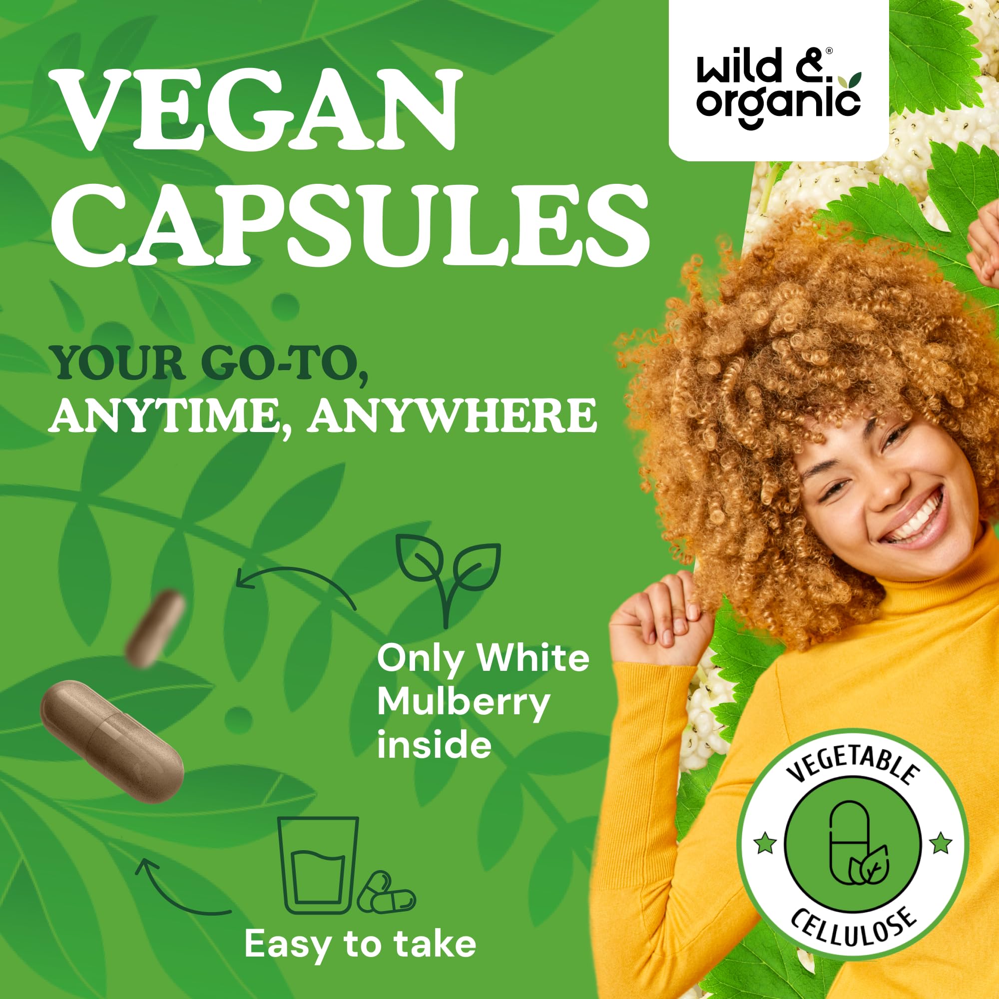 Wild & Organic bottle closeup showcases smooth capsules for easy daily use.