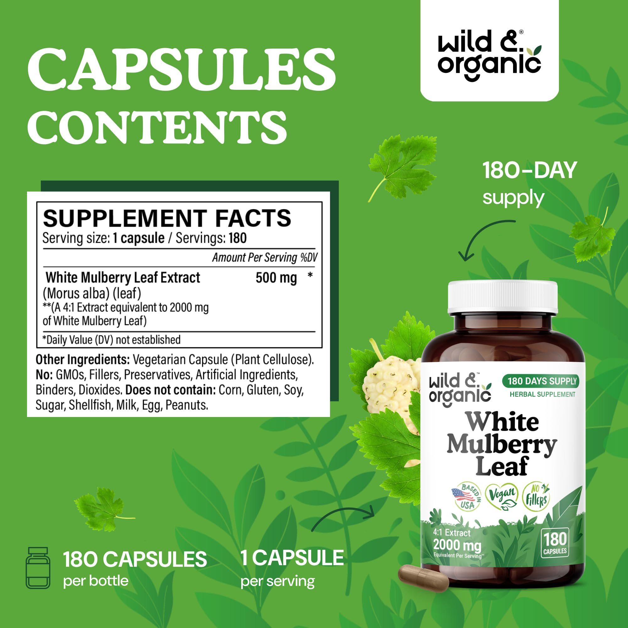 Wild & Organic white mulberry leaf capsules in hand emphasize convenient daily antioxidant support.