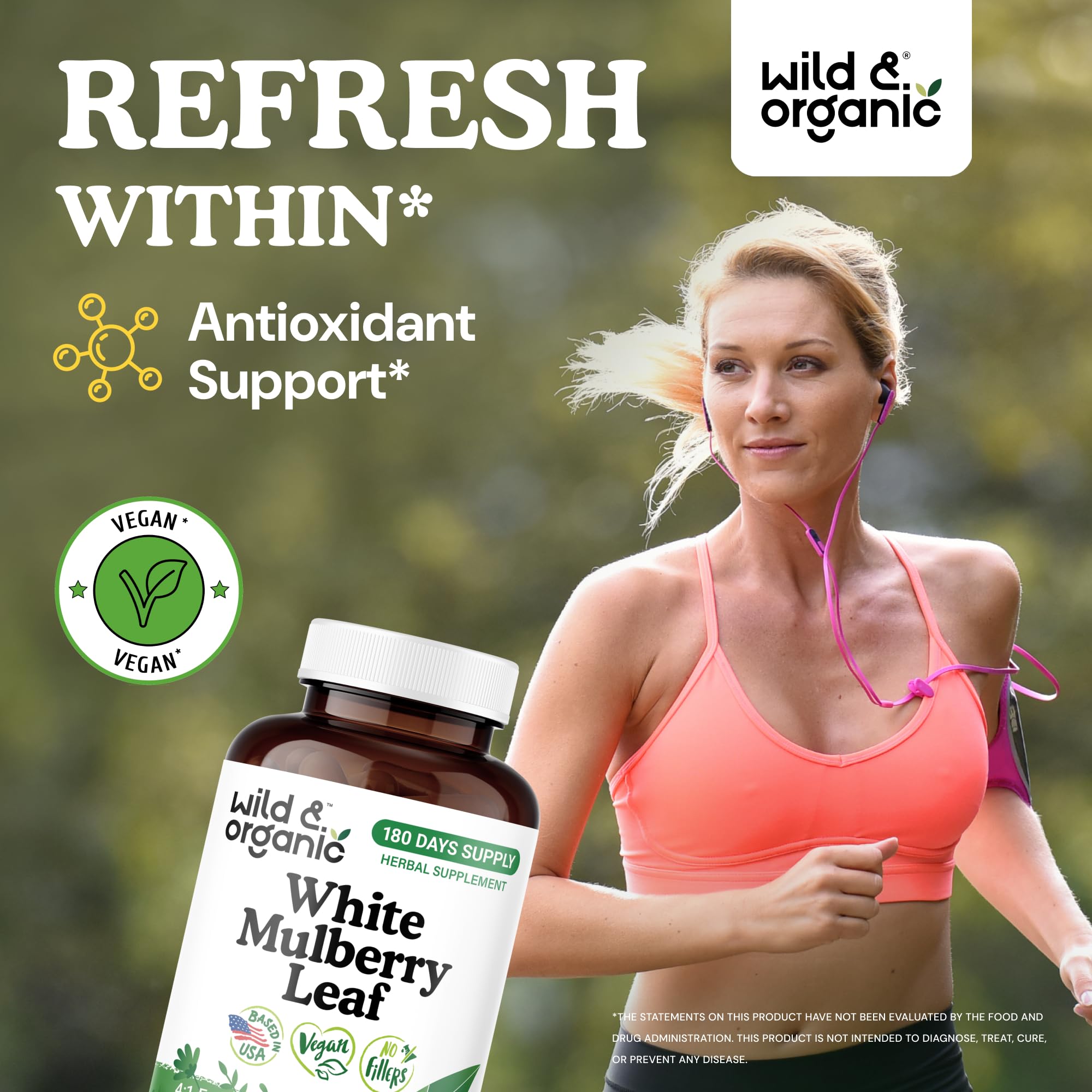 Wild & Organic mulberry leaf extract label detail highlights 500 mg per serving and vegan formula.