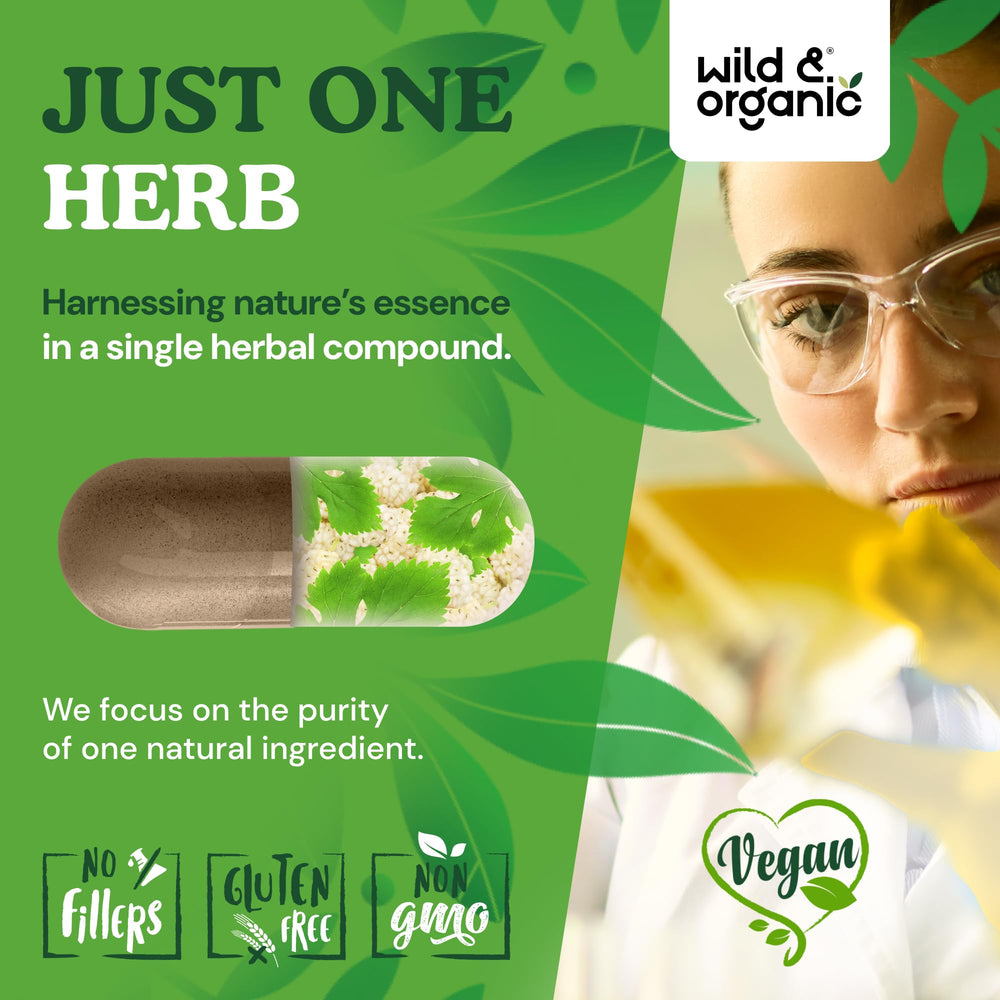 Wild & Organic leaf powder texture suggests natural plant-based supplement.