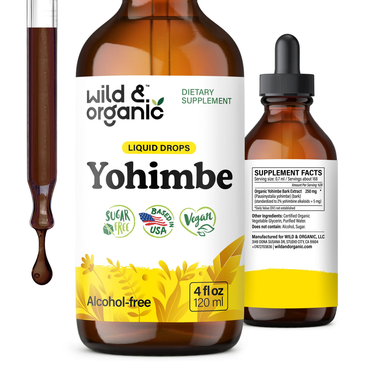 Wild & Organic Yohimbe Drops bottle front showing vegan, alcohol-free formula for daily use