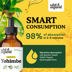 Label closeup of Wild & Organic Yohimbe Drops highlighting vegan, non-GMO quality