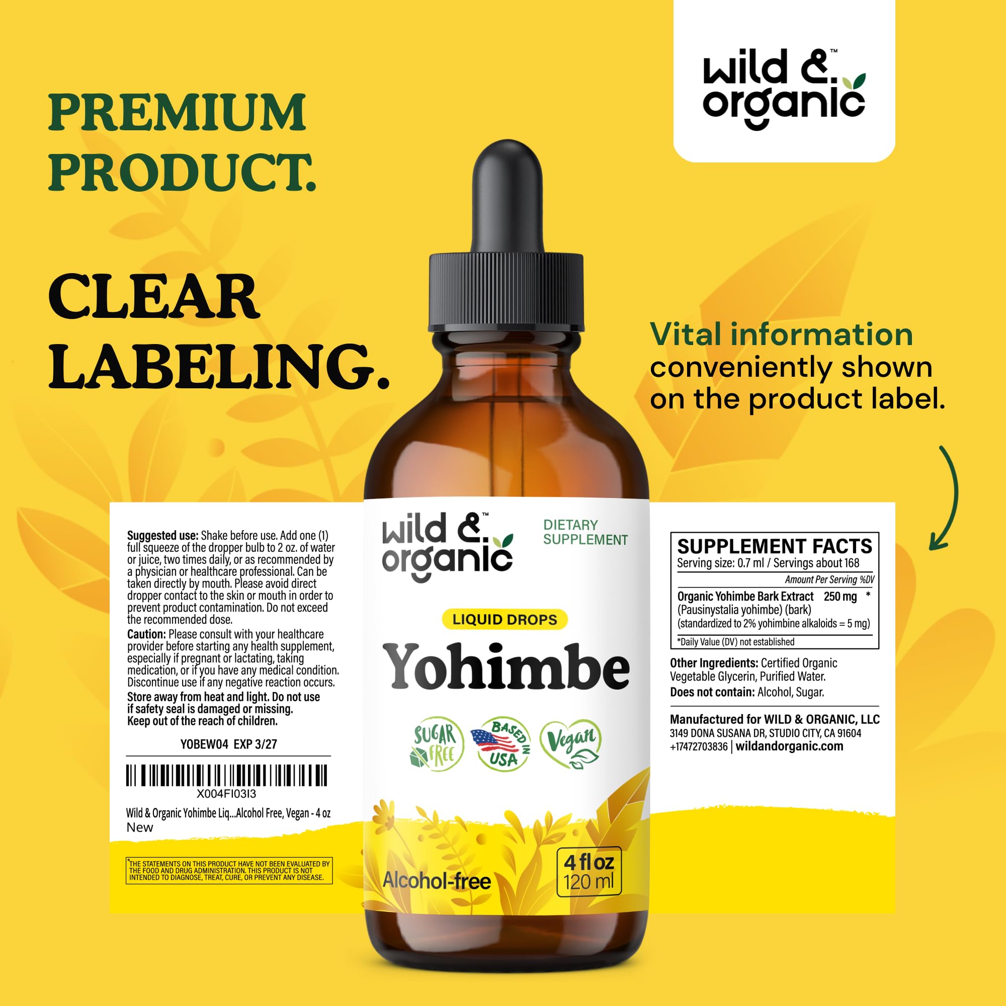 Packaging side view of Wild & Organic Yohimbe Drops for convenient storage