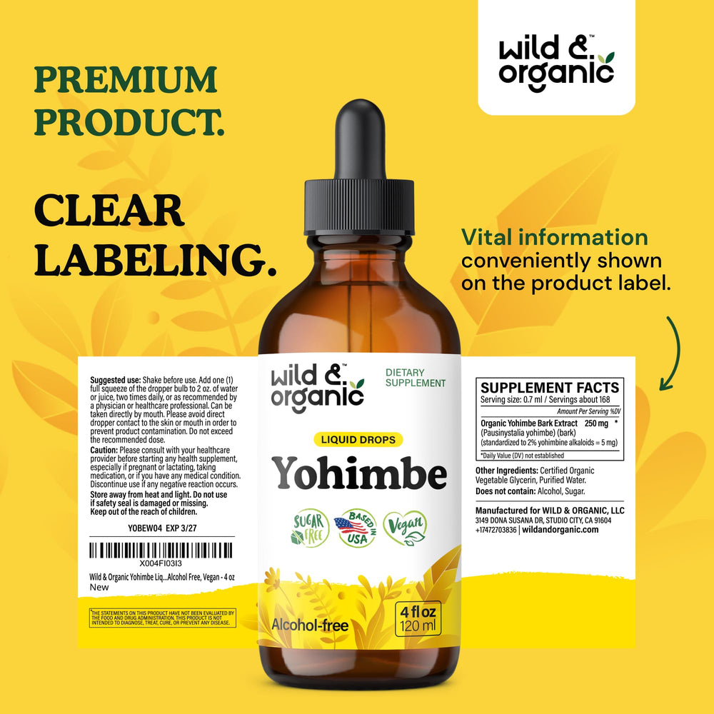 Packaging side view of Wild & Organic Yohimbe Drops for convenient storage