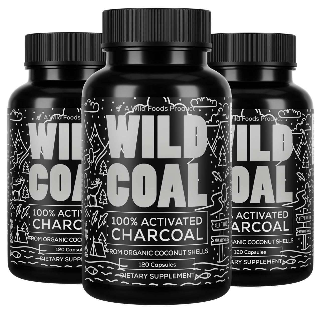 Wild Foods Activated Charcoal bottle front showing organic coconut shell capsules for gentle gut support