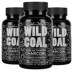 Wild Foods Activated Charcoal bottle front showing organic coconut shell capsules for gentle gut support