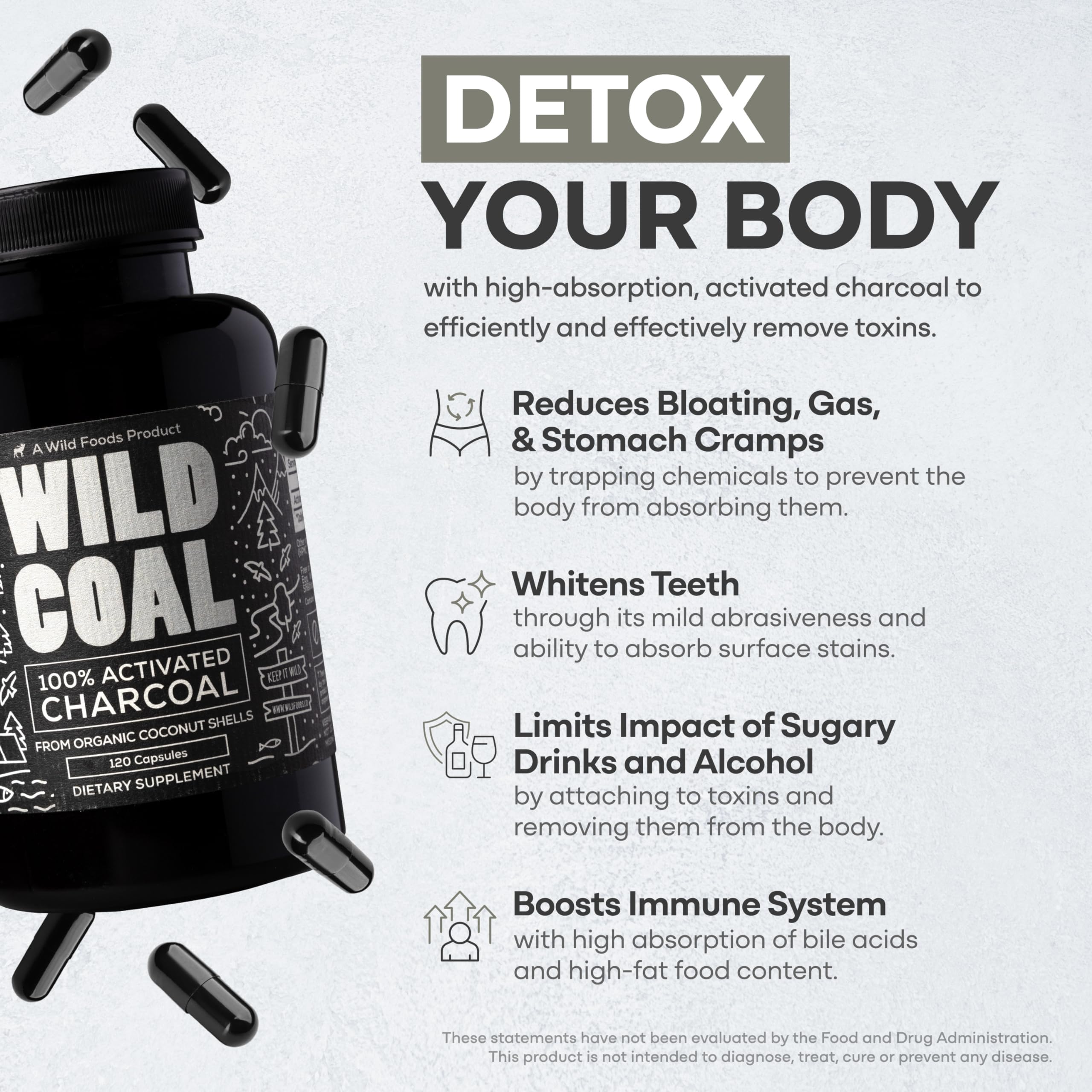 Wild Foods Activated Charcoal capsules closeup highlighting small uniform tablets for natural detox
