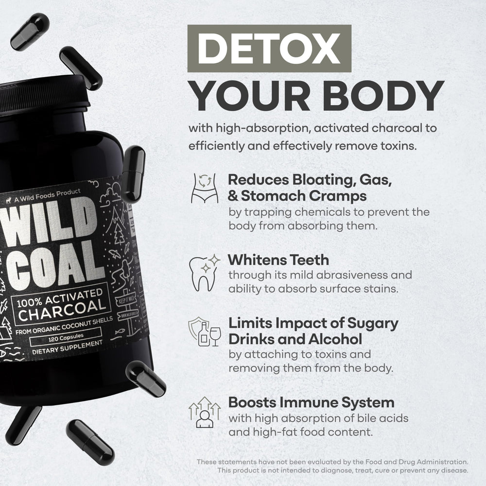 Wild Foods Activated Charcoal capsules closeup highlighting small uniform tablets for natural detox