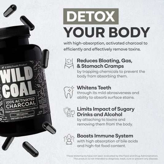 Wild Foods Activated Charcoal capsules closeup highlighting small uniform tablets for natural detox