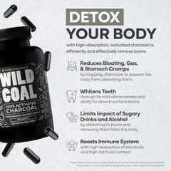 Wild Foods Activated Charcoal capsules closeup highlighting small uniform tablets for natural detox