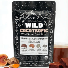 Wild Foods cocotropic hot cocoa cup shows rich cacao for sustained calm energy.