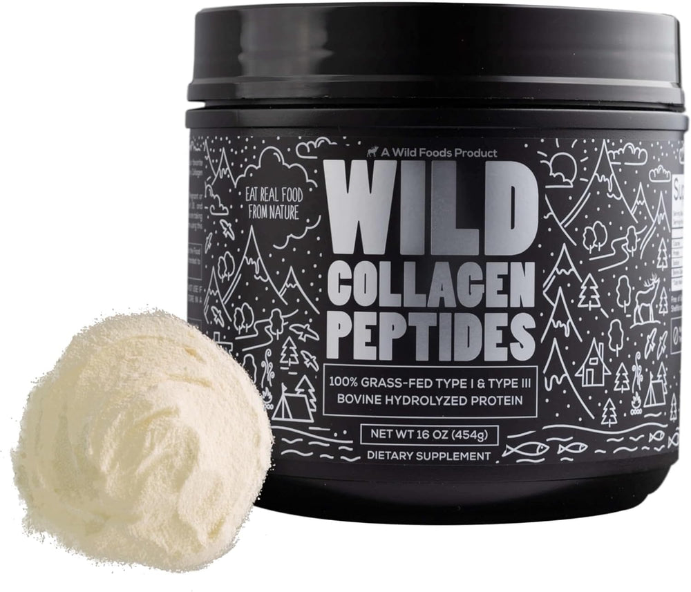 Wild Foods Collagen Peptides Powder packaging highlights grass-fed sourcing and clean daily protein.