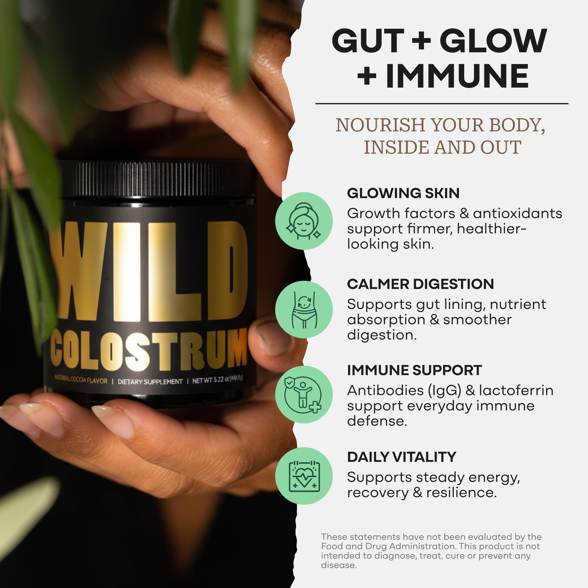 Wild Foods colostrum powder being stirred in a cup for daily nutrition