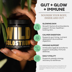 Wild Foods colostrum powder being stirred in a cup for daily nutrition