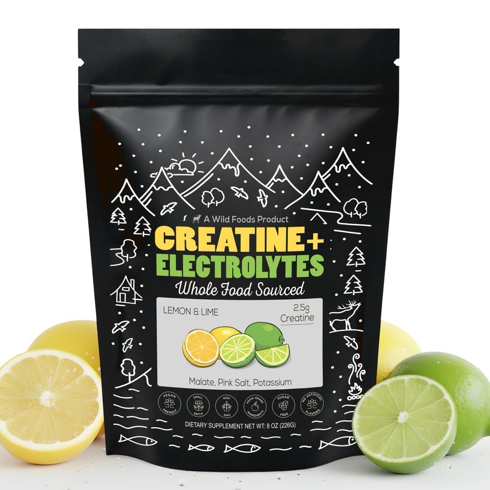 Wild Foods Creatine + Electrolytes lemon-lime bottle scene emphasizes clean hydration for workouts.
