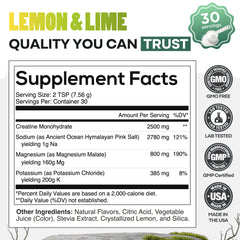 Wild Foods Creatine + Electrolytes lemon-lime ingredients close-up showing magnesium malate and pink salt.