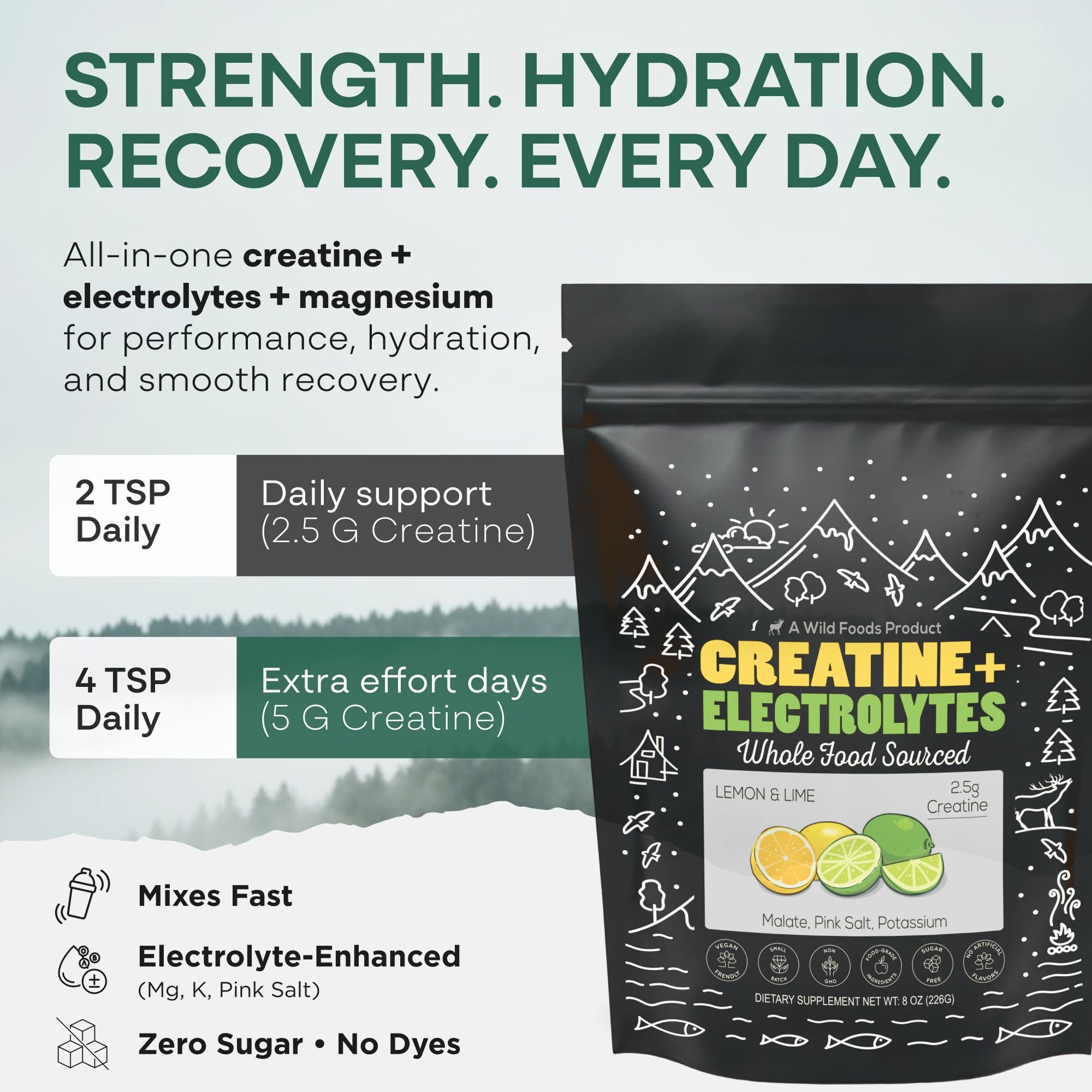 Wild Foods Creatine + Electrolytes lemon-lime label emphasizes no added sugar and natural sweetness.