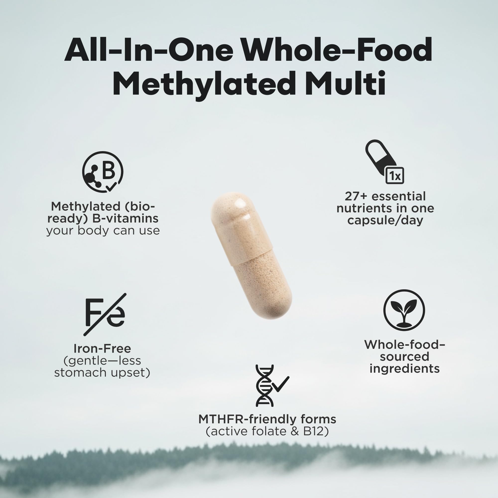 Closeup of Wild Foods methylated multivitamin capsules for daily intake