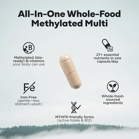 Closeup of Wild Foods methylated multivitamin capsules for daily intake