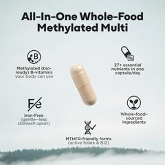 Closeup of Wild Foods methylated multivitamin capsules for daily intake