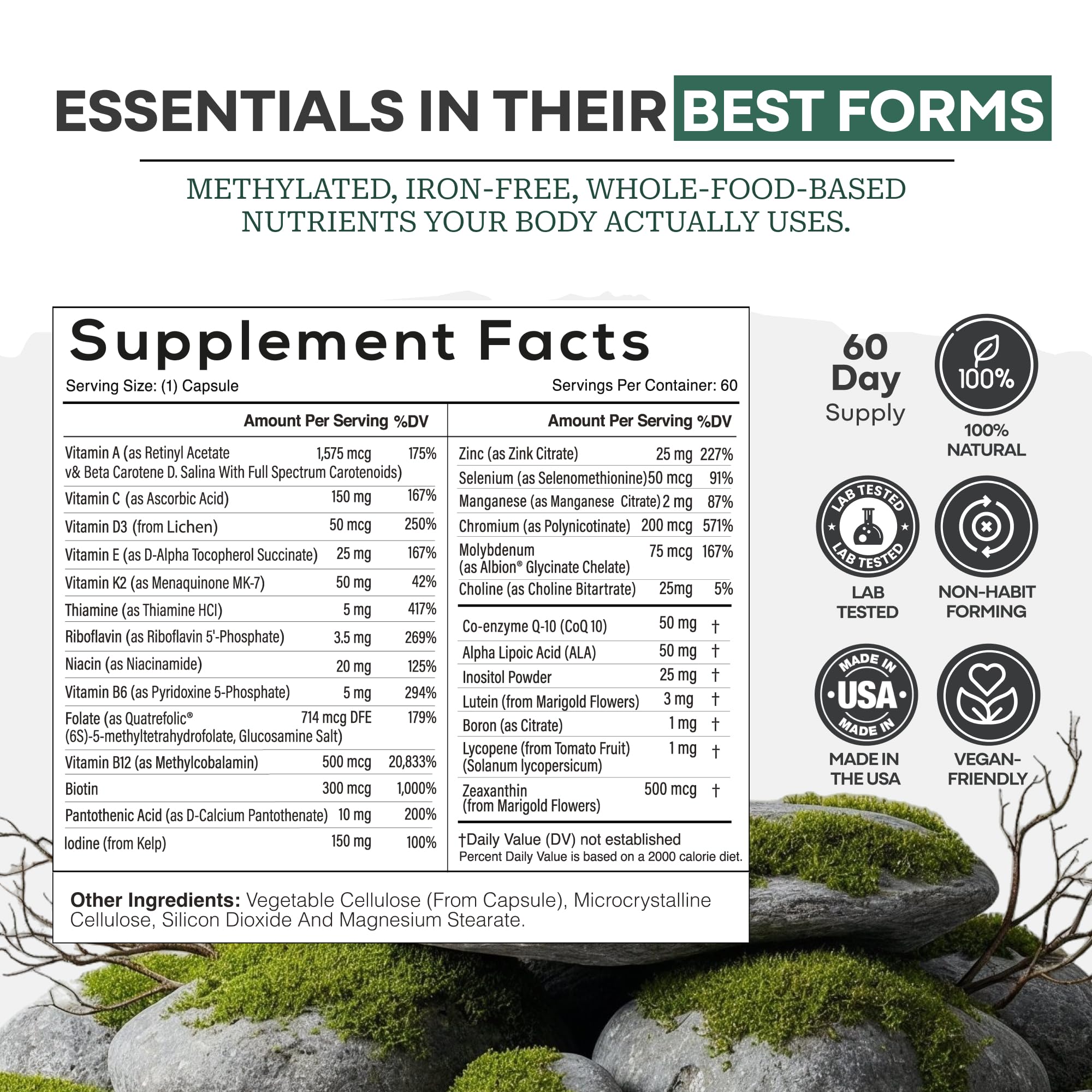 Serving spoon with Wild Foods methylated multivitamin illustrating easy dosage