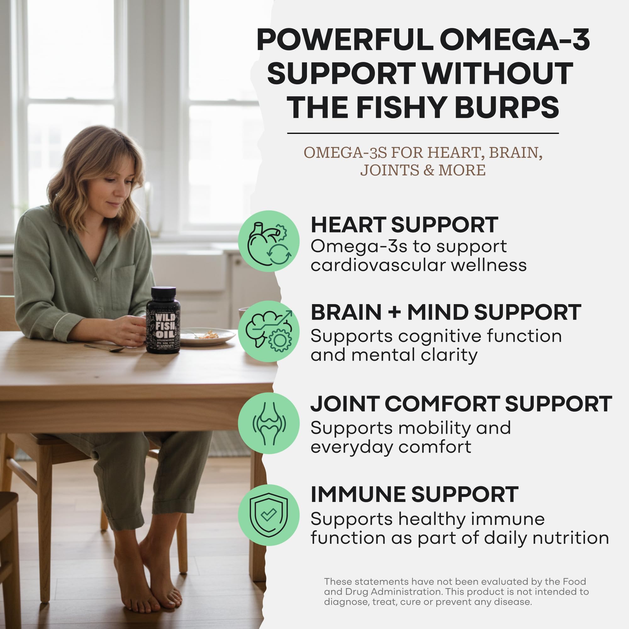 Wild Foods Omega-3 bottle being poured demonstrates easy daily consumption