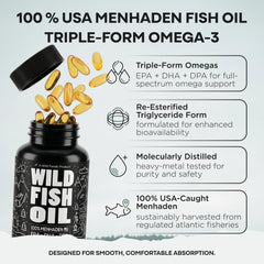 Wild Foods Omega-3 capsules close-up highlights burpless, odorless intake