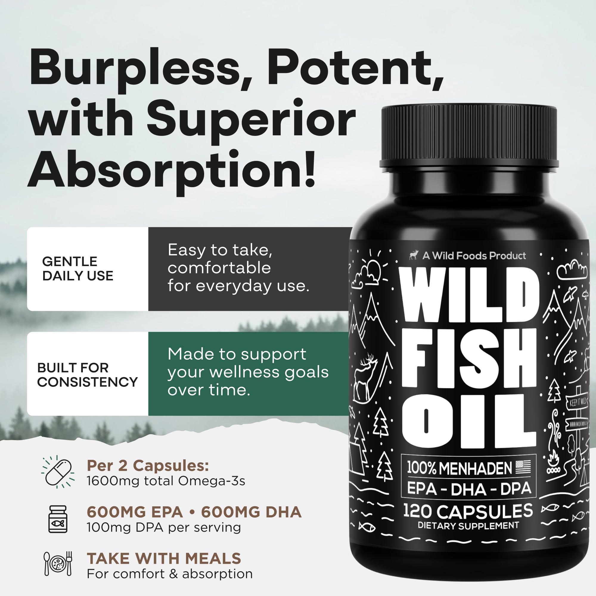 Wild Foods Omega-3 sustainability icon emphasizes ocean-friendly sourcing
