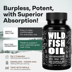 Wild Foods Omega-3 sustainability icon emphasizes ocean-friendly sourcing