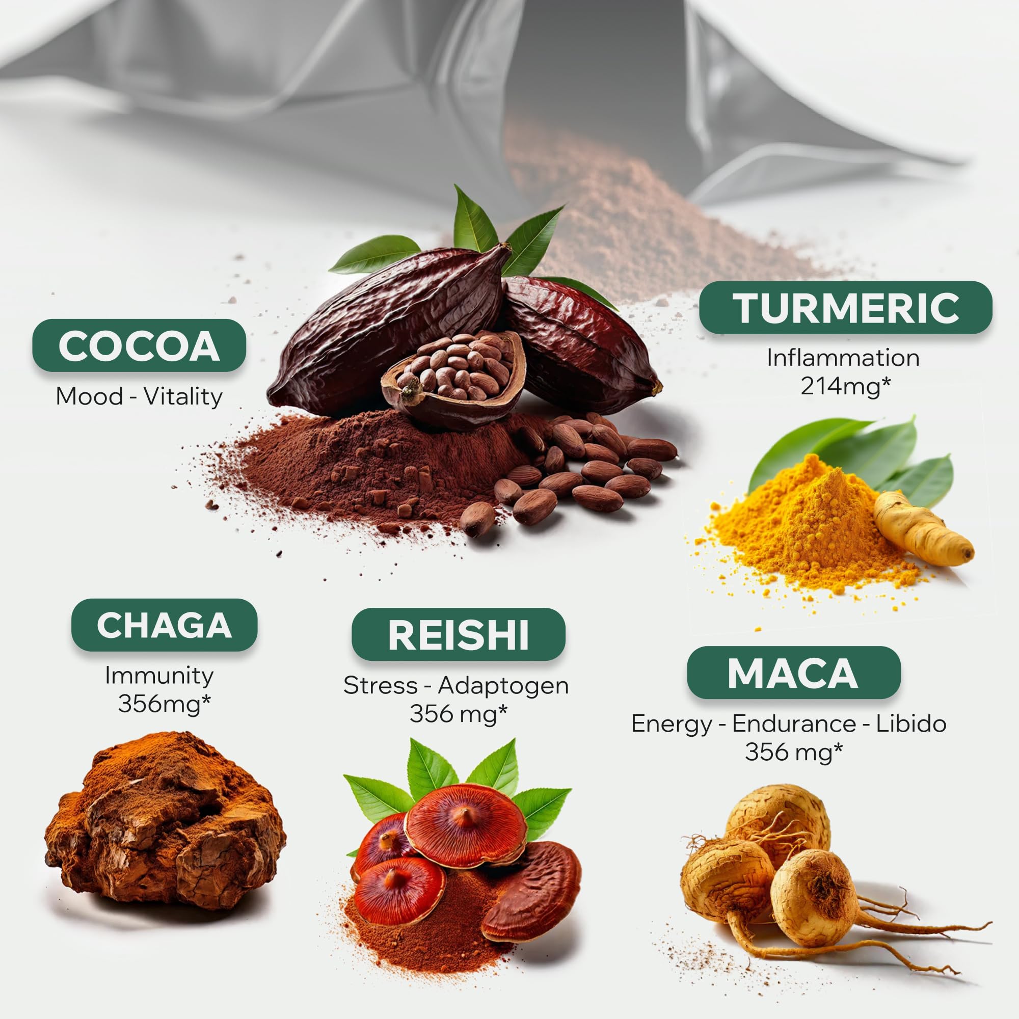 Wild Foods turmeric powder dust near spoon adds warming spice notes.