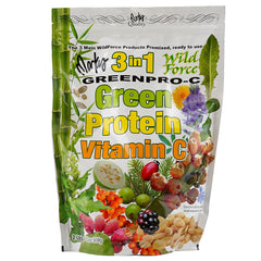Wild Force GreenPro-C bottle on kitchen counter for daily greens and protein.