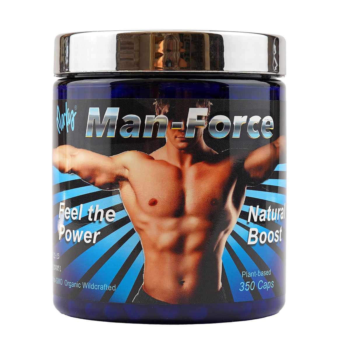 Wild Force Man Force bottle on wood table, signaling daily vitality support.